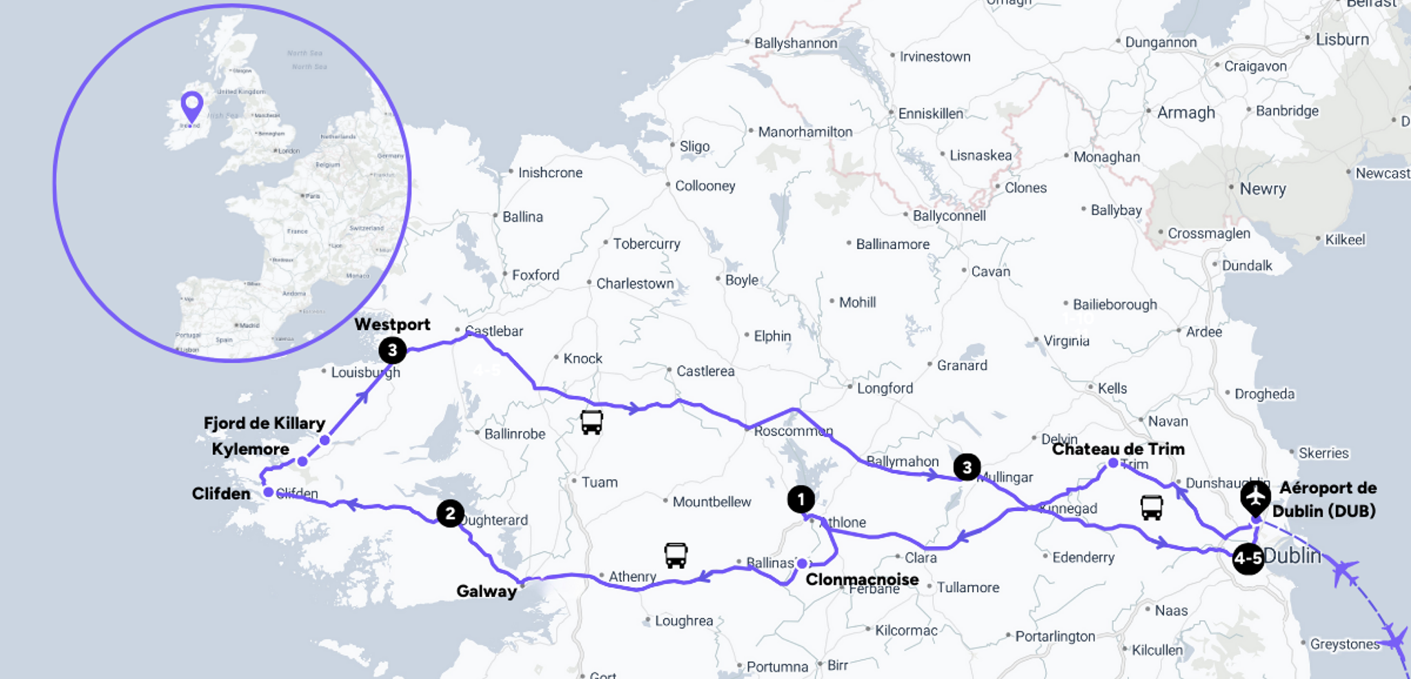 L'itinéraire de votre voyage de Dublin au Connemara