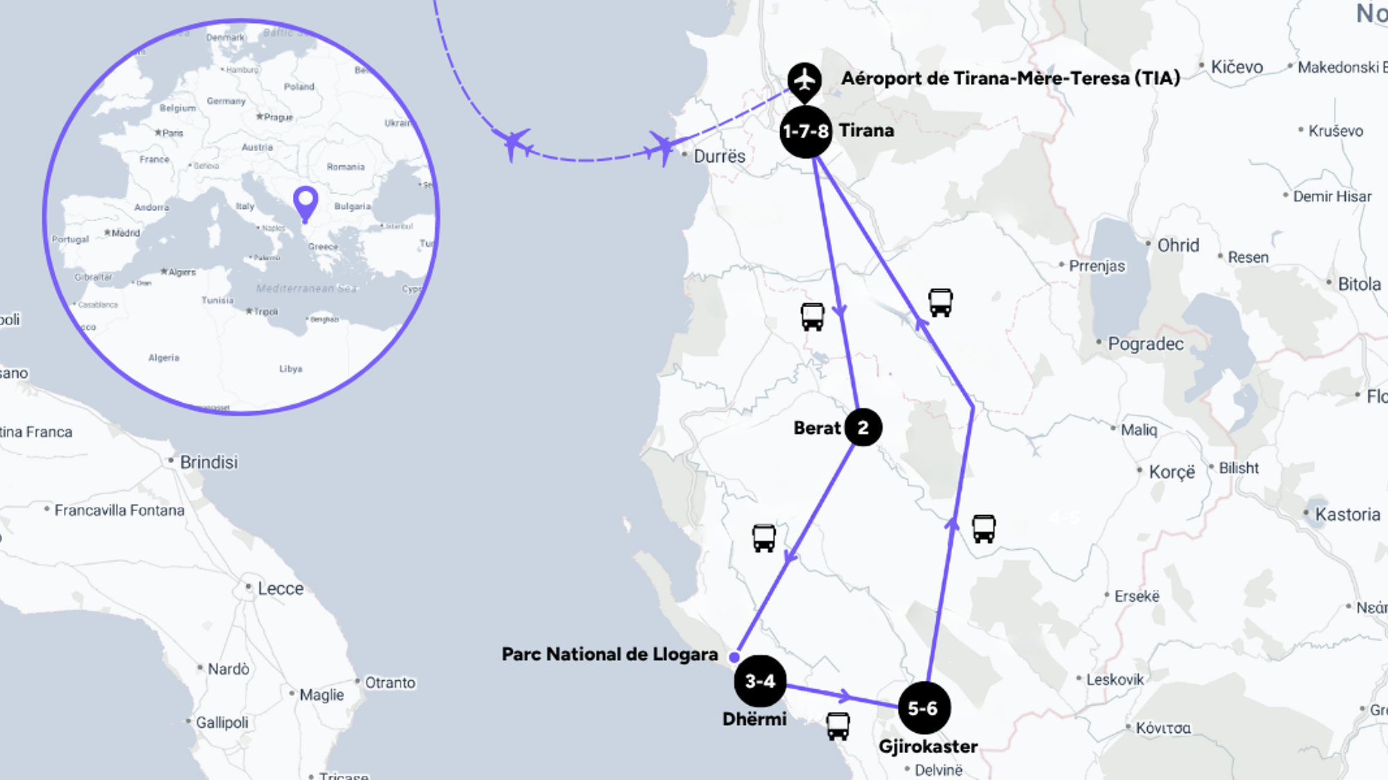 L'itinéraire de votre voyage en Albanie