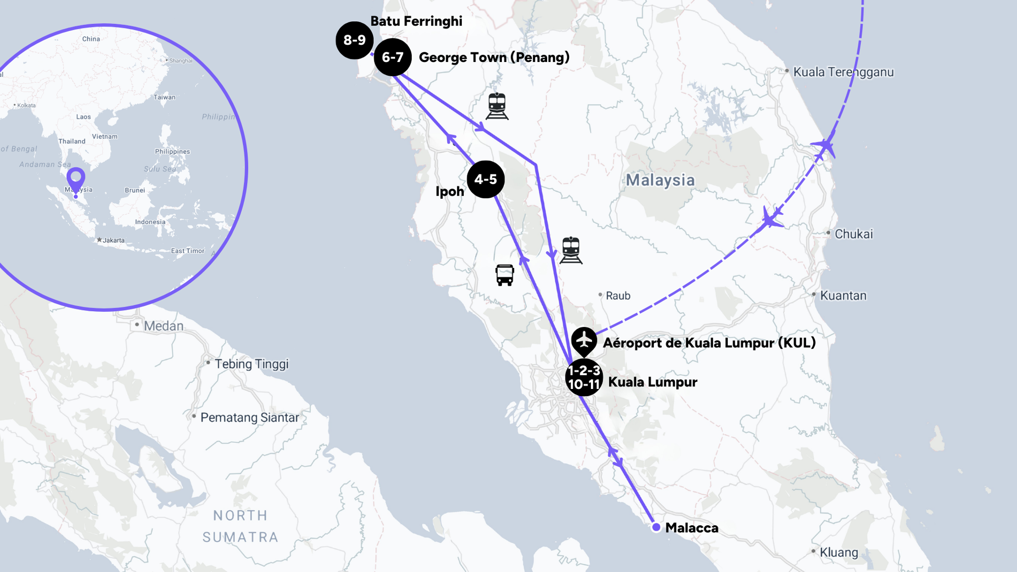 L'itinéraire de votre voyage en Malaisie