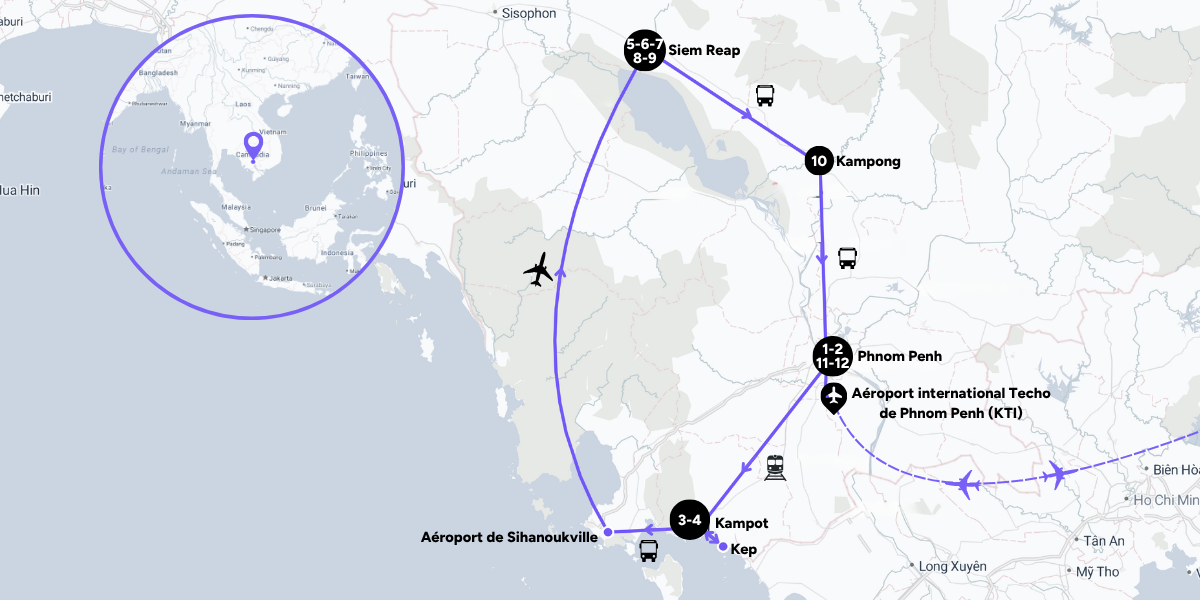 L'itinéraire de votre voyage au Cambodge