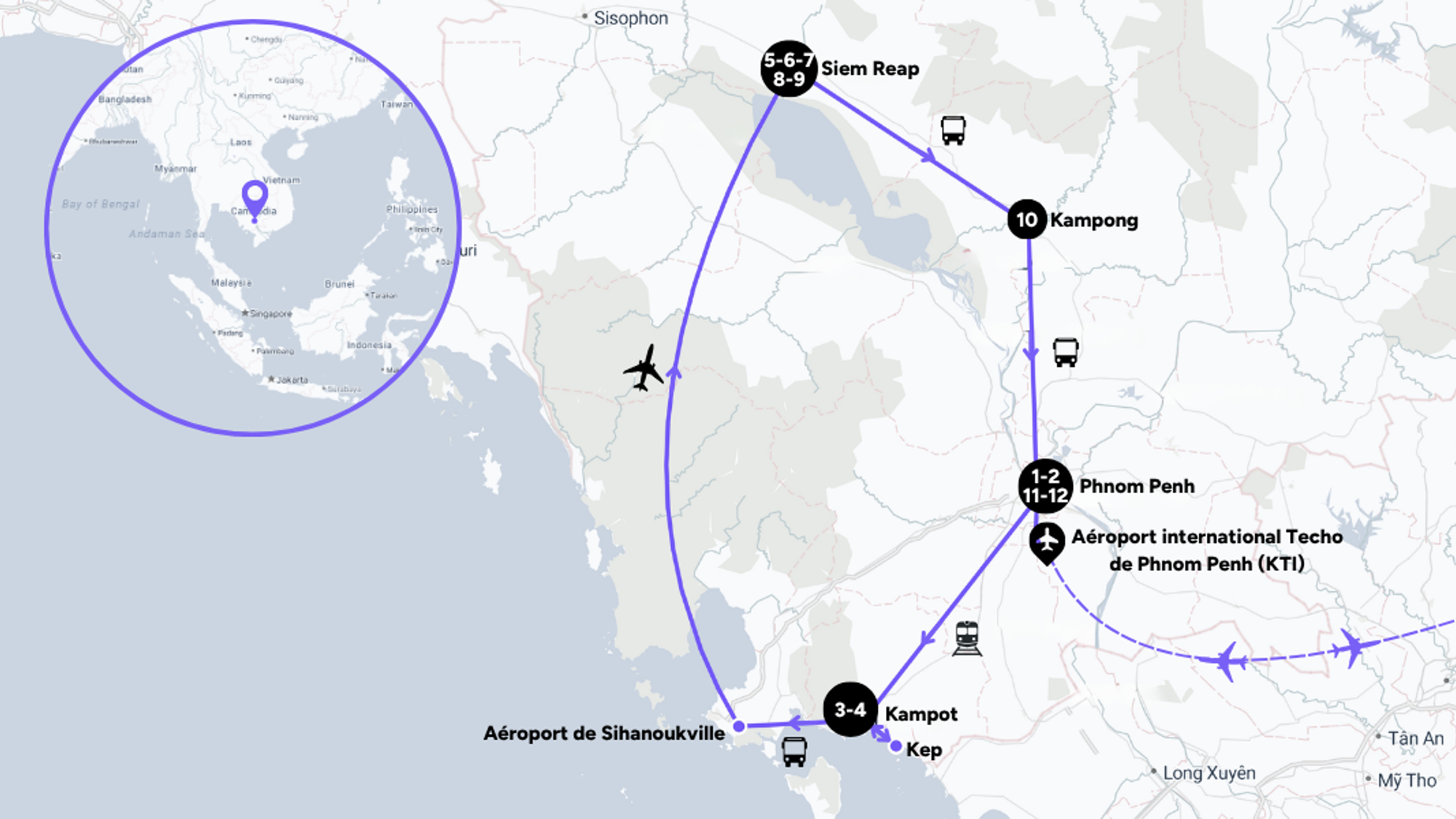 L'itinéraire de votre voyage au Cambodge