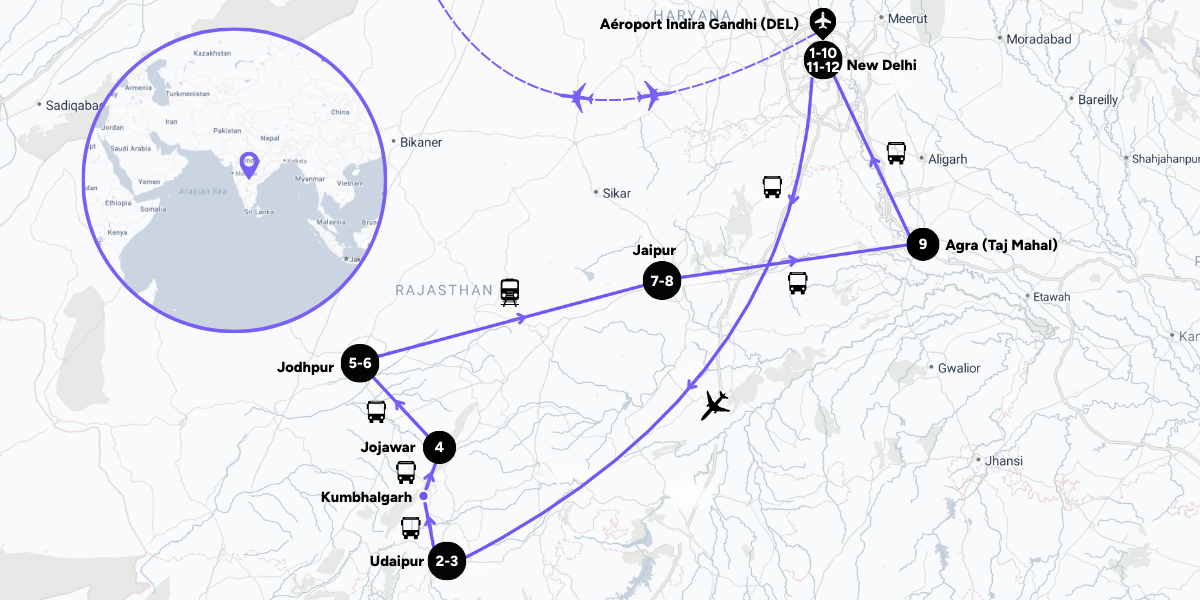 L'itinéraire de votre voyage en Inde