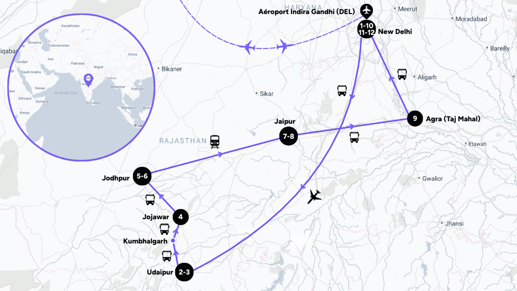 L'itinéraire de votre voyage en Inde