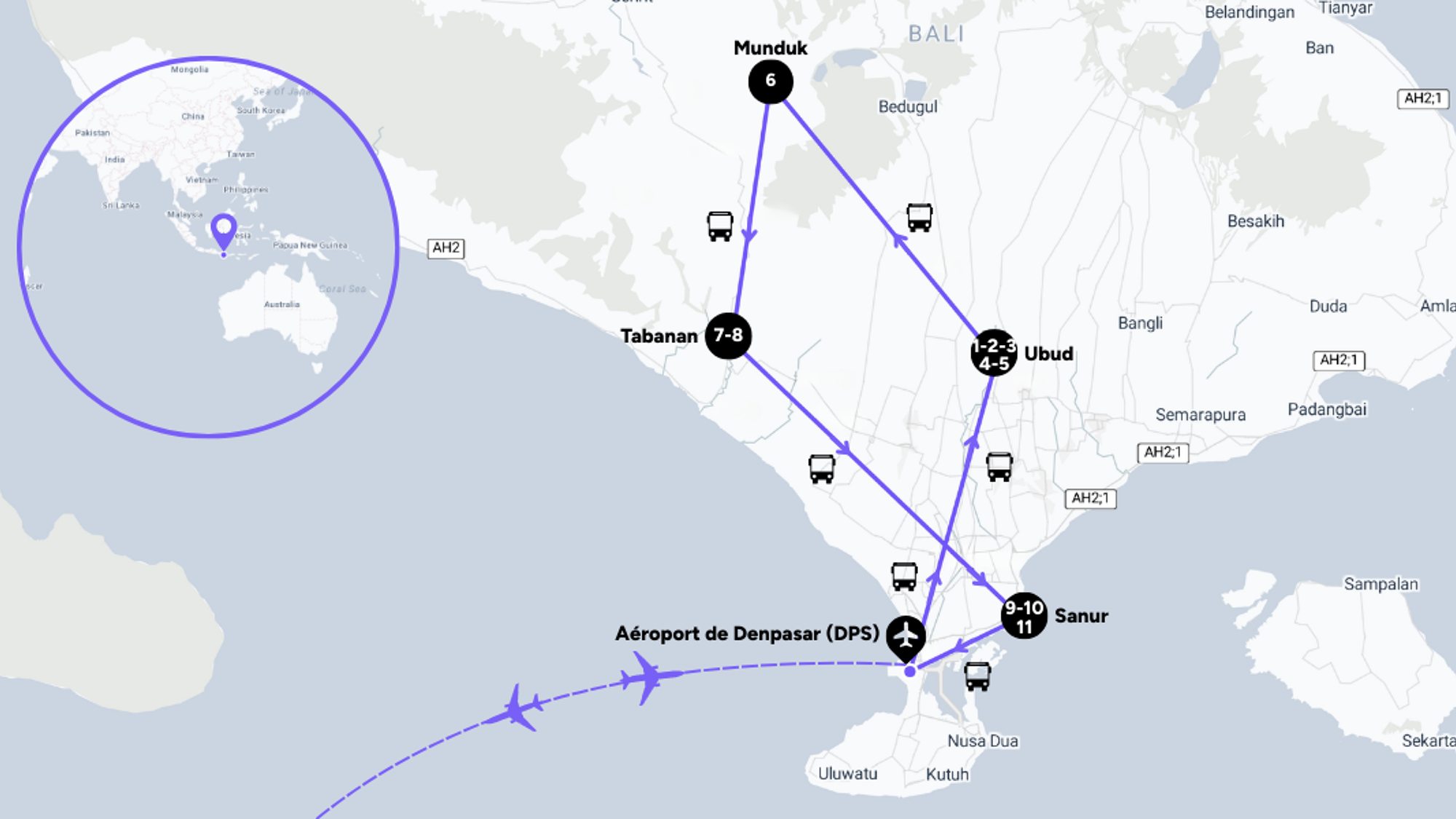 L'itinéraire de votre voyage à Bali