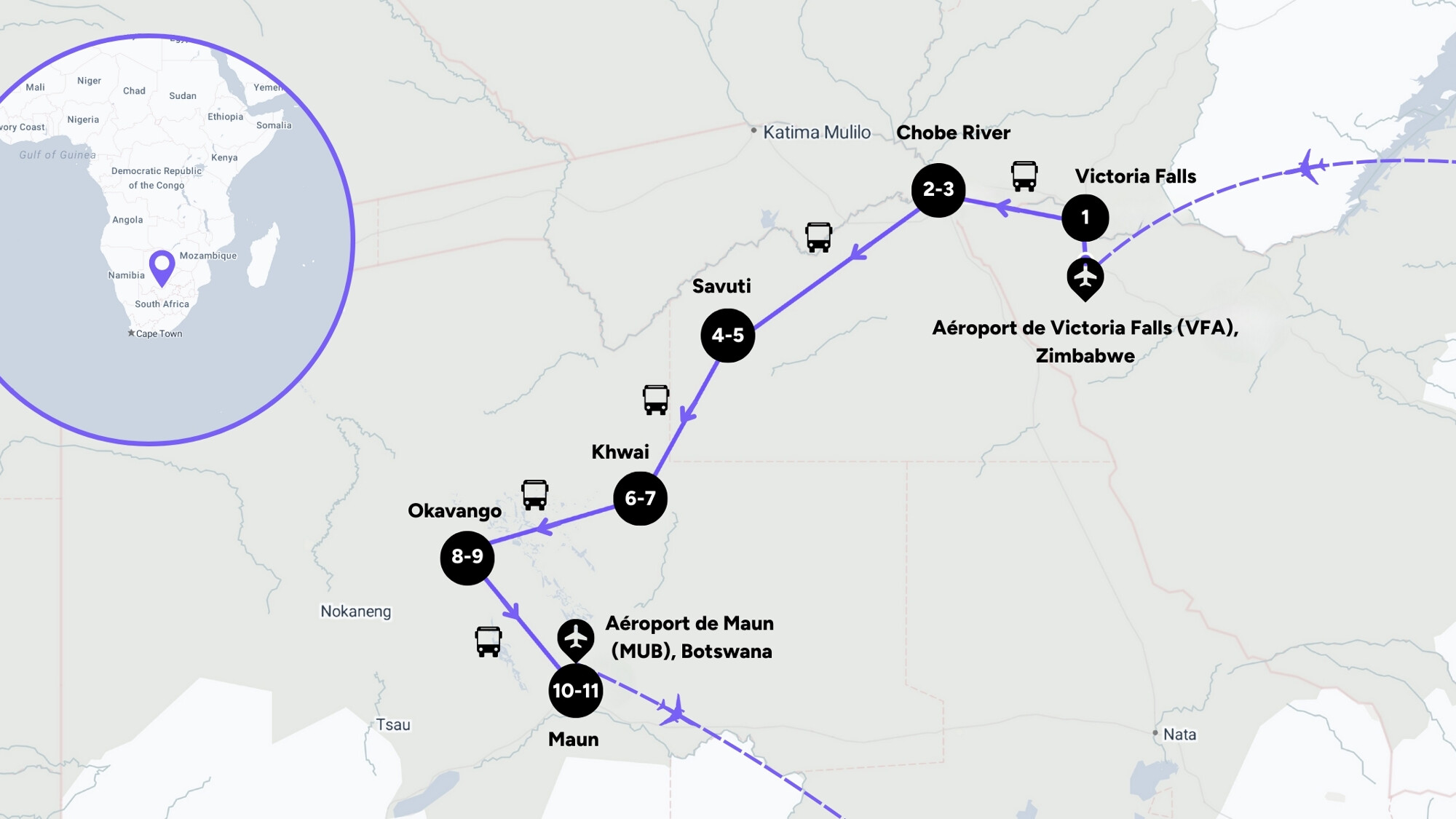 Itinéraire de votre safari au Botswana