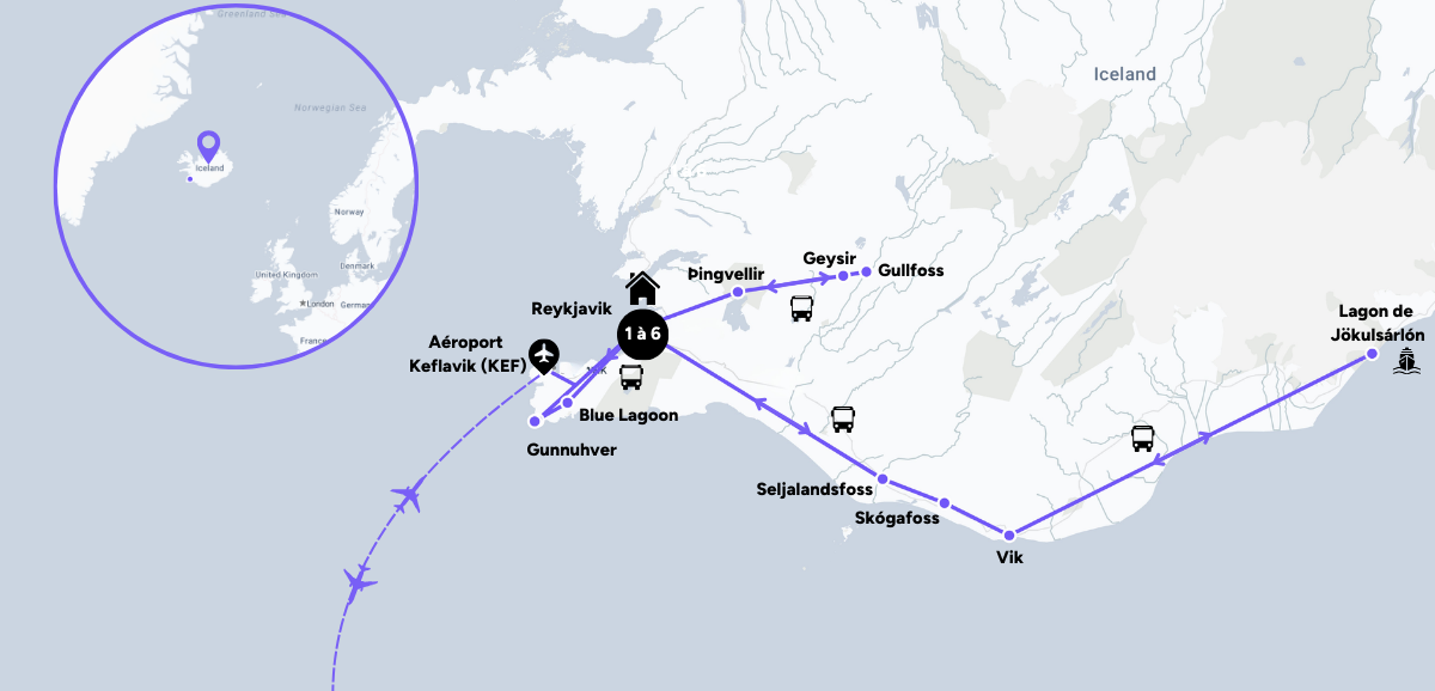L'itinéraire de votre voyage en été en Islande