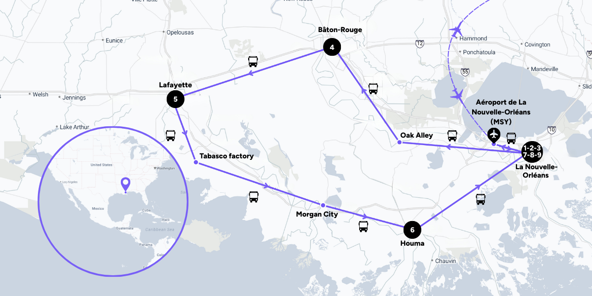 L'itinéraire de voyage en Louisiane 
