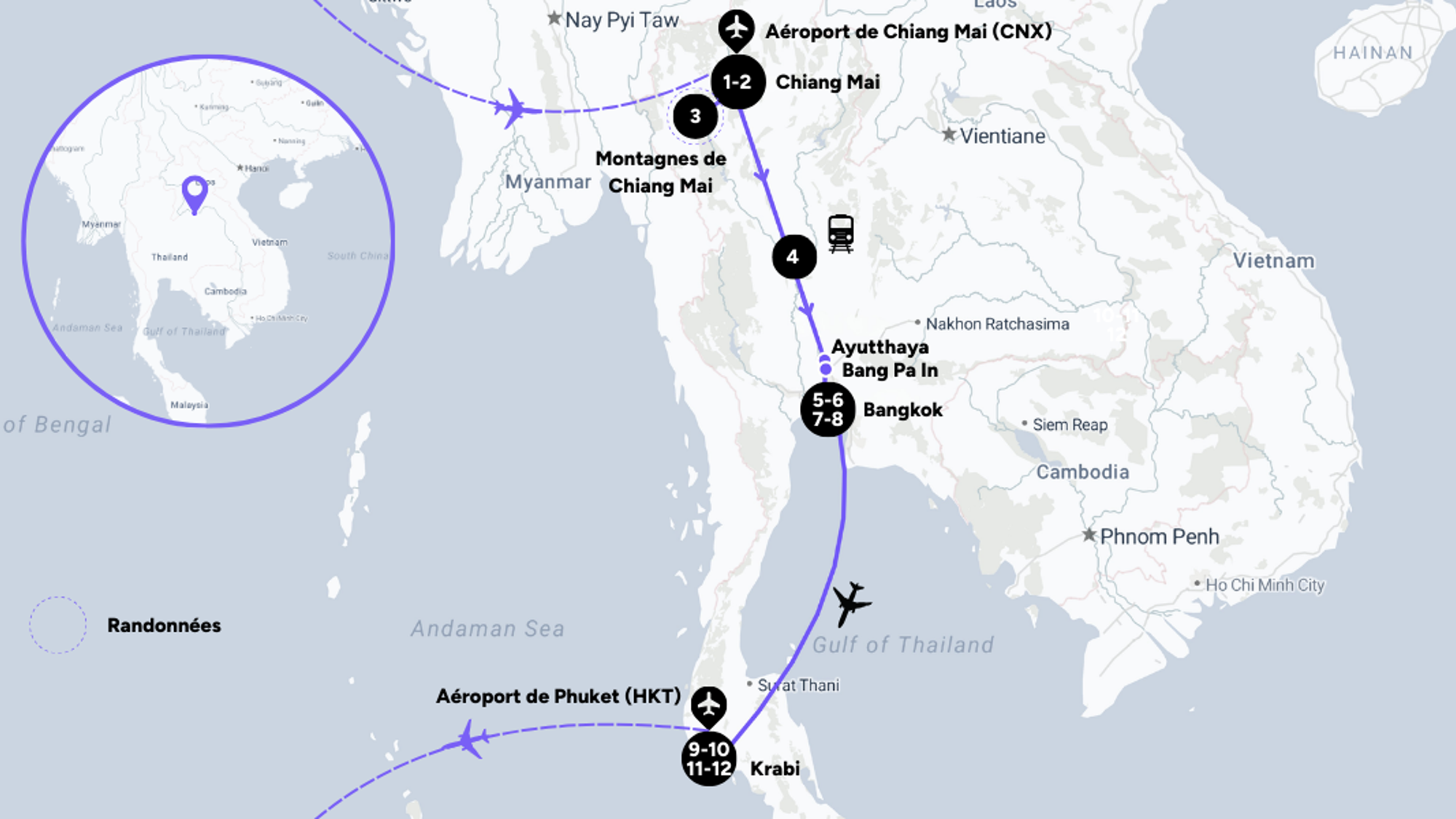 L'itinéraire de votre voyage en Thaïlande
