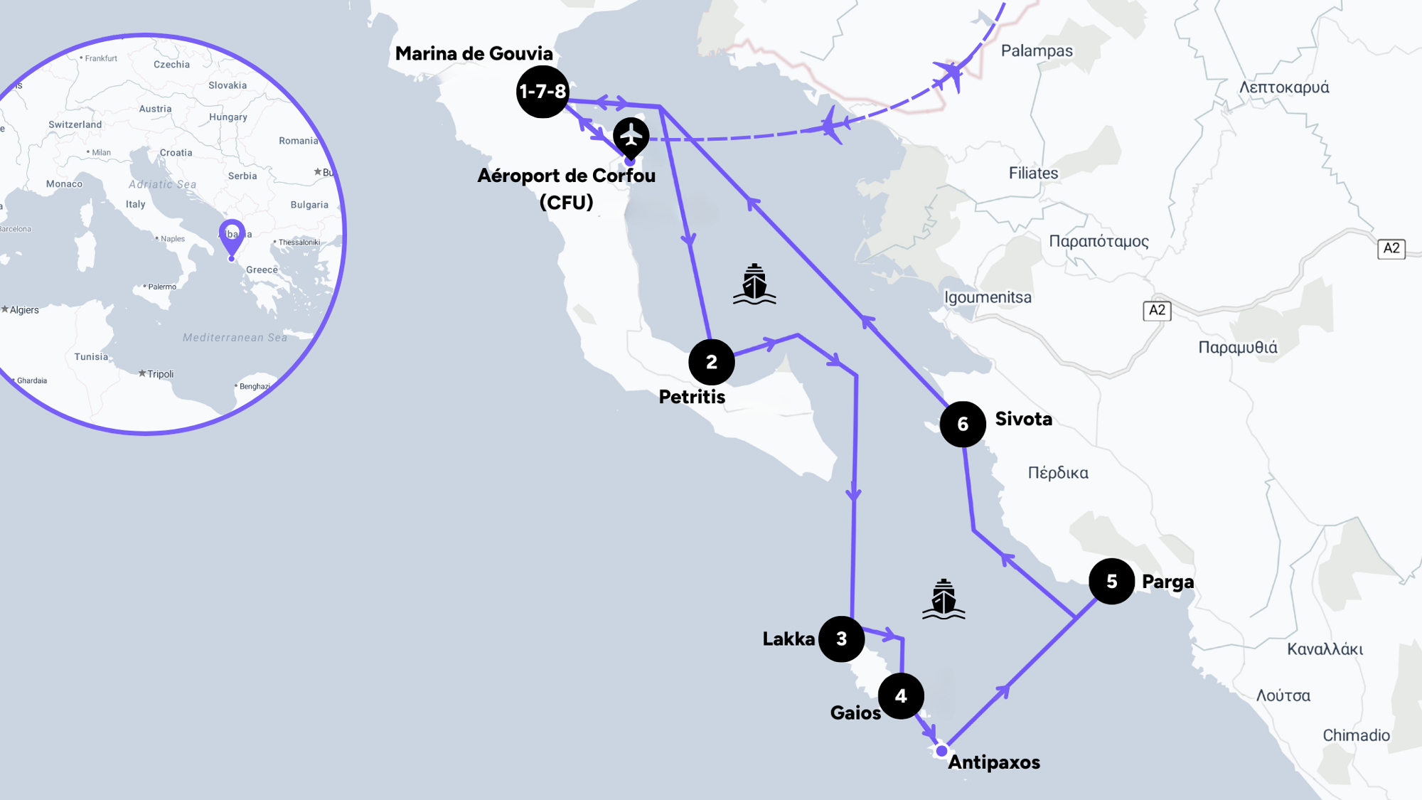 L'itinéraire de votre croisière en catamaran dans les îles ioniennes